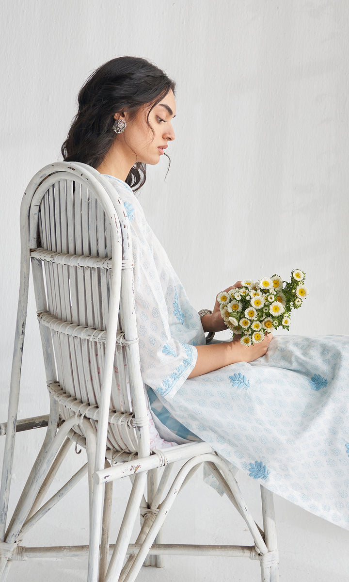 Gulmohar chikankari powder blue block printed  kurta with straight palazzo (set of 2)