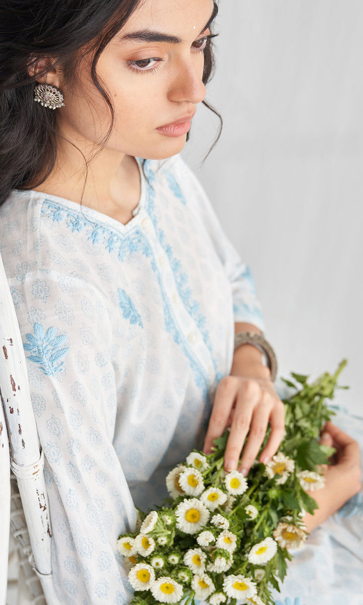 Gulmohar chikankari powder blue block printed  kurta with straight palazzo (set of 2)