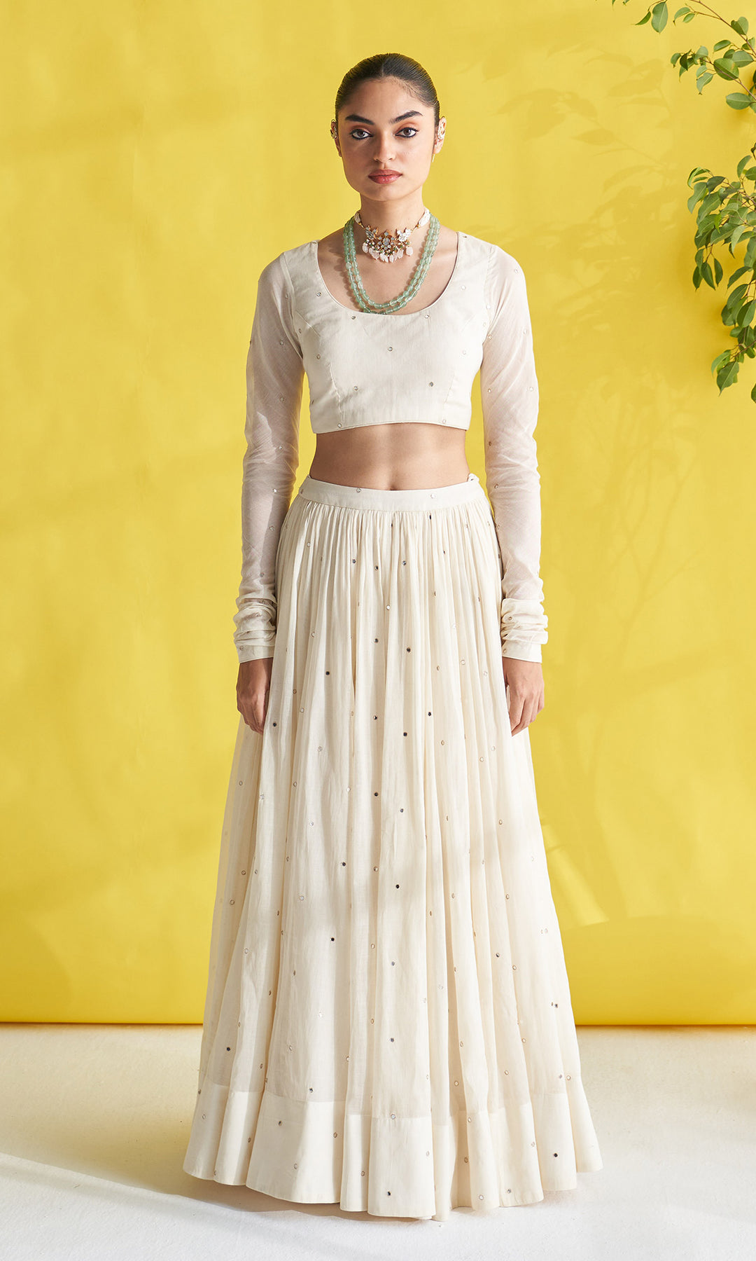 Gulmohar Ivory Lehenga With Blouse Paired With Chikankari Buti Dupatta (Set Of 3)