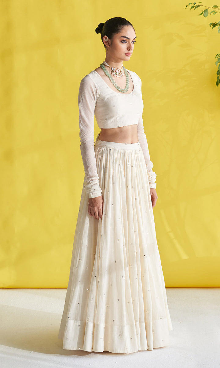 Gulmohar Ivory Lehenga With Blouse Paired With Chikankari Buti Dupatta (Set Of 3)