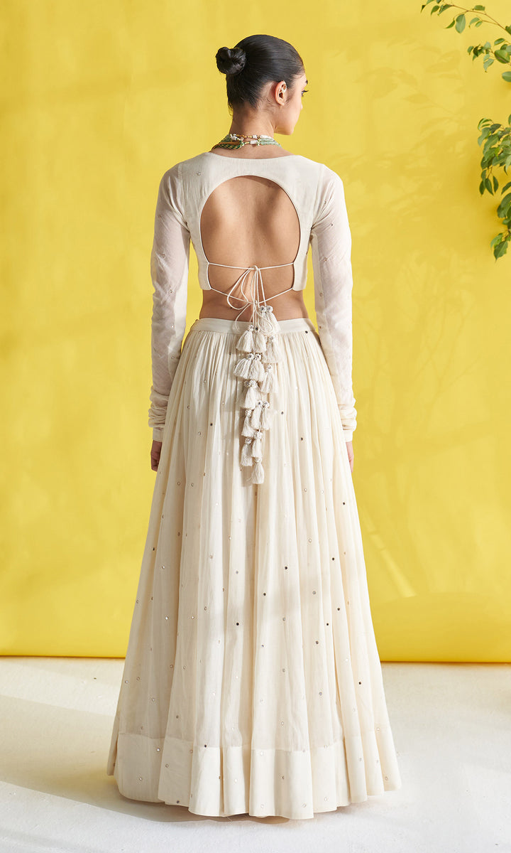 Gulmohar Ivory Lehenga With Blouse Paired With Chikankari Buti Dupatta (Set Of 3)