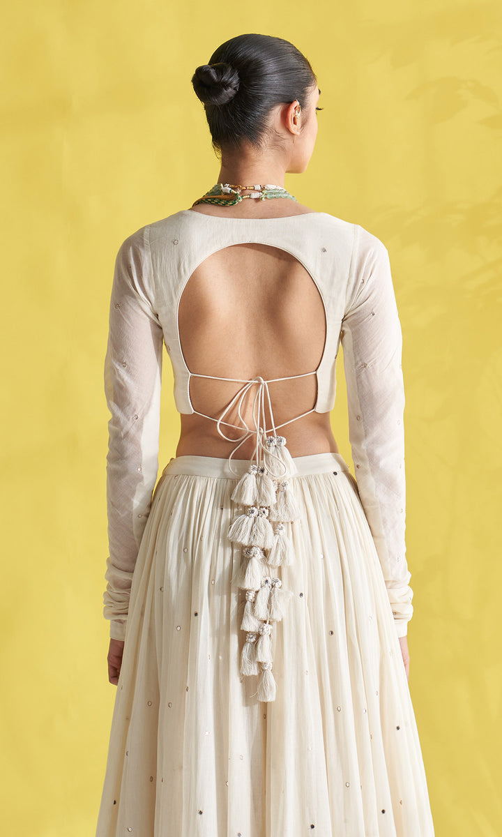 Gulmohar Ivory Lehenga With Blouse Paired With Chikankari Buti Dupatta (Set Of 3)