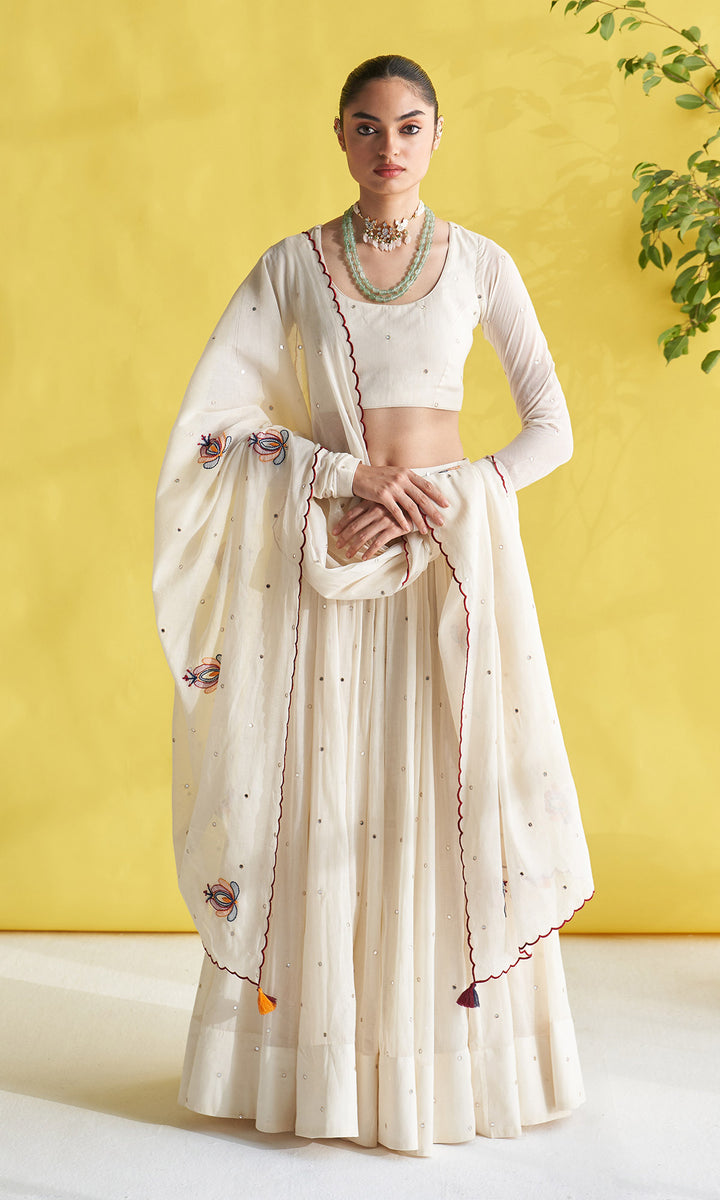 Gulmohar Ivory Lehenga With Blouse Paired With Chikankari Buti Dupatta (Set Of 3)