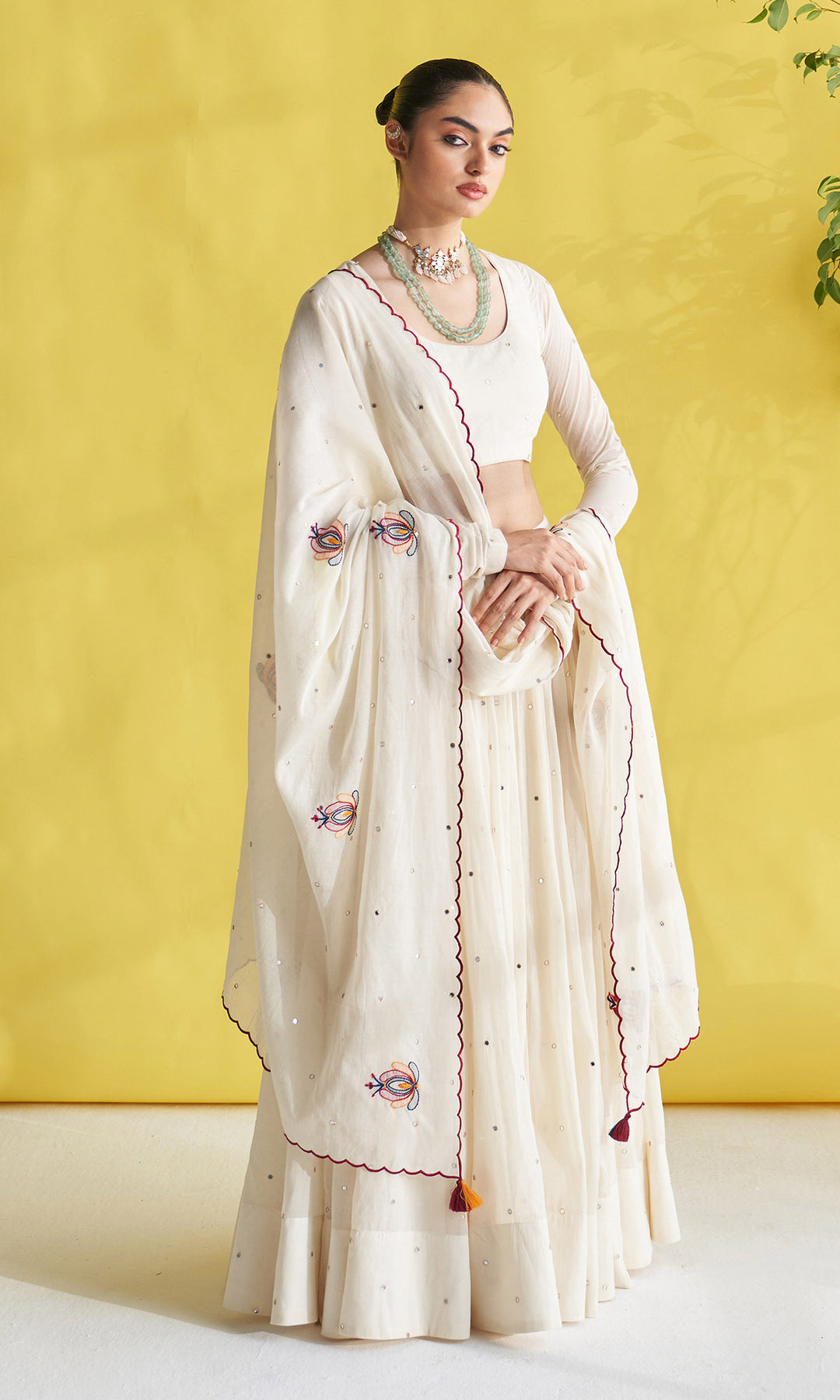 Gulmohar Ivory Lehenga With Blouse Paired With Chikankari Buti Dupatta (Set Of 3)