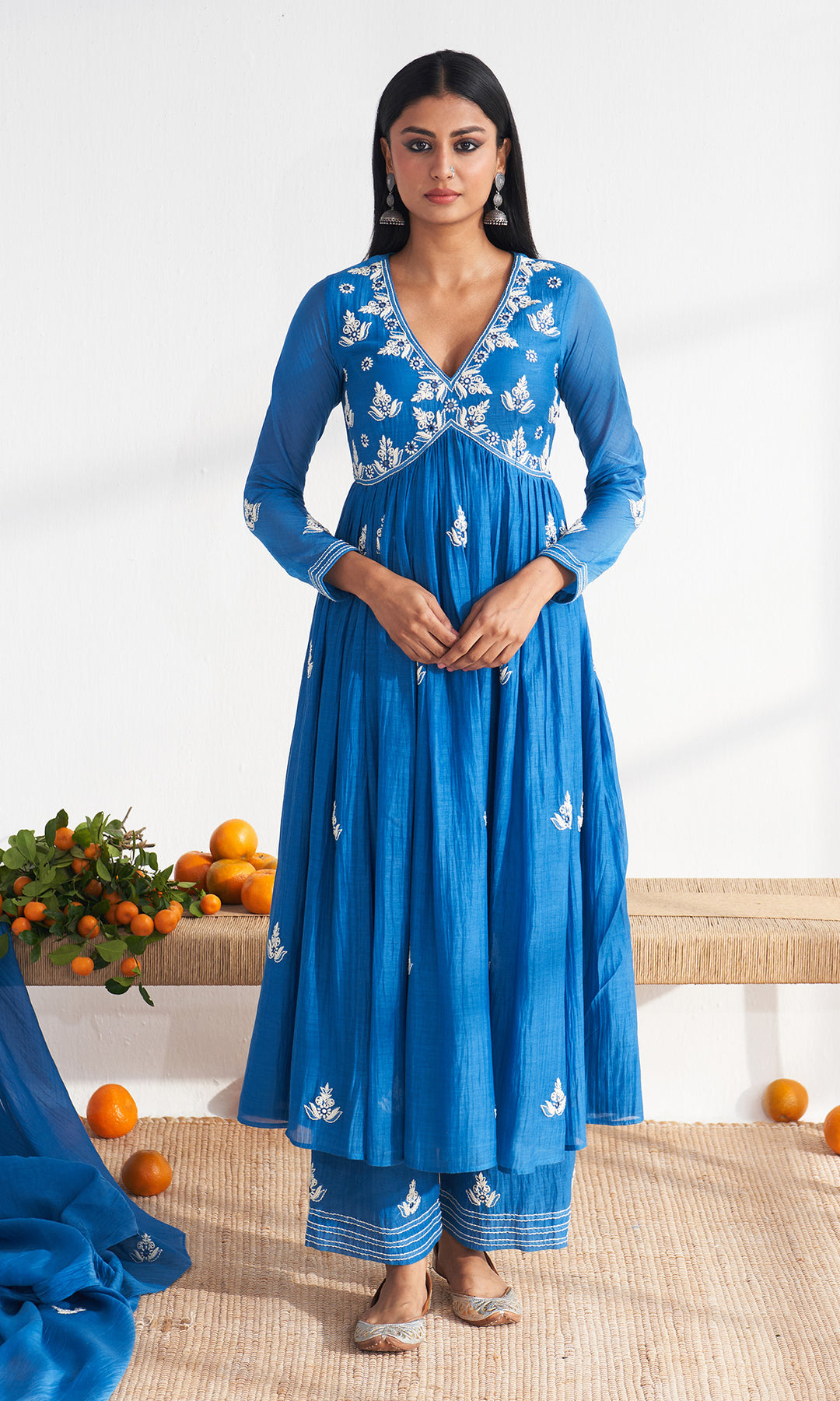 Chikankari Cobalt Blue V-Neck Anarkali with Palazzo and Dupatta( Set of 3), XL Chikankari Cobalt Blue V-Neck Anarkali with Palazzo and Dupatta( Set of 3), XL