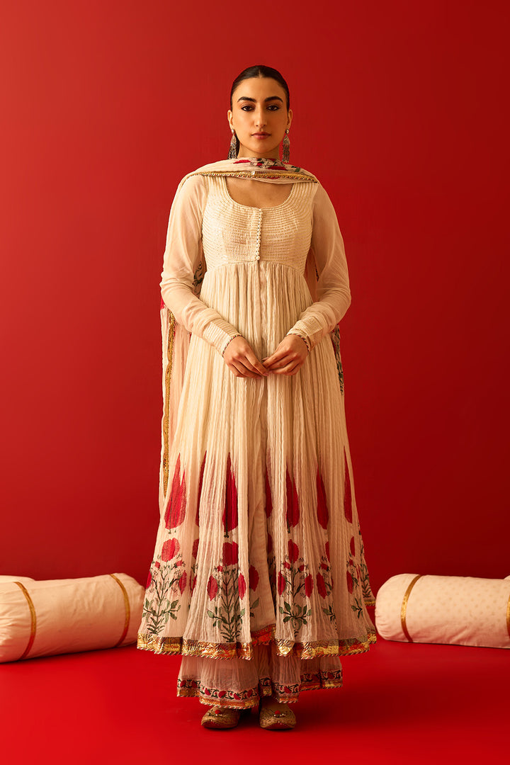 Chaand Raat Off White Hand Block Printed Crush Chanderi Front Open Anarkali with Sharara and Dupatta (Set of 3)