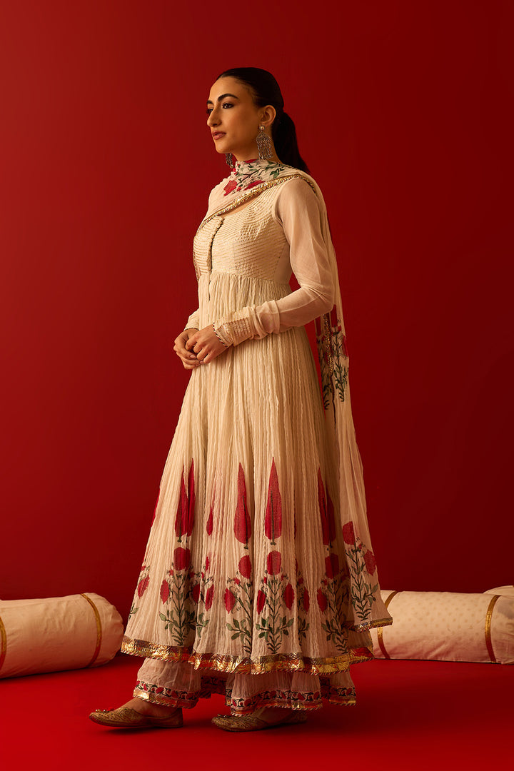 Chaand Raat Off White Hand Block Printed Crush Chanderi Front Open Anarkali with Sharara and Dupatta (Set of 3)