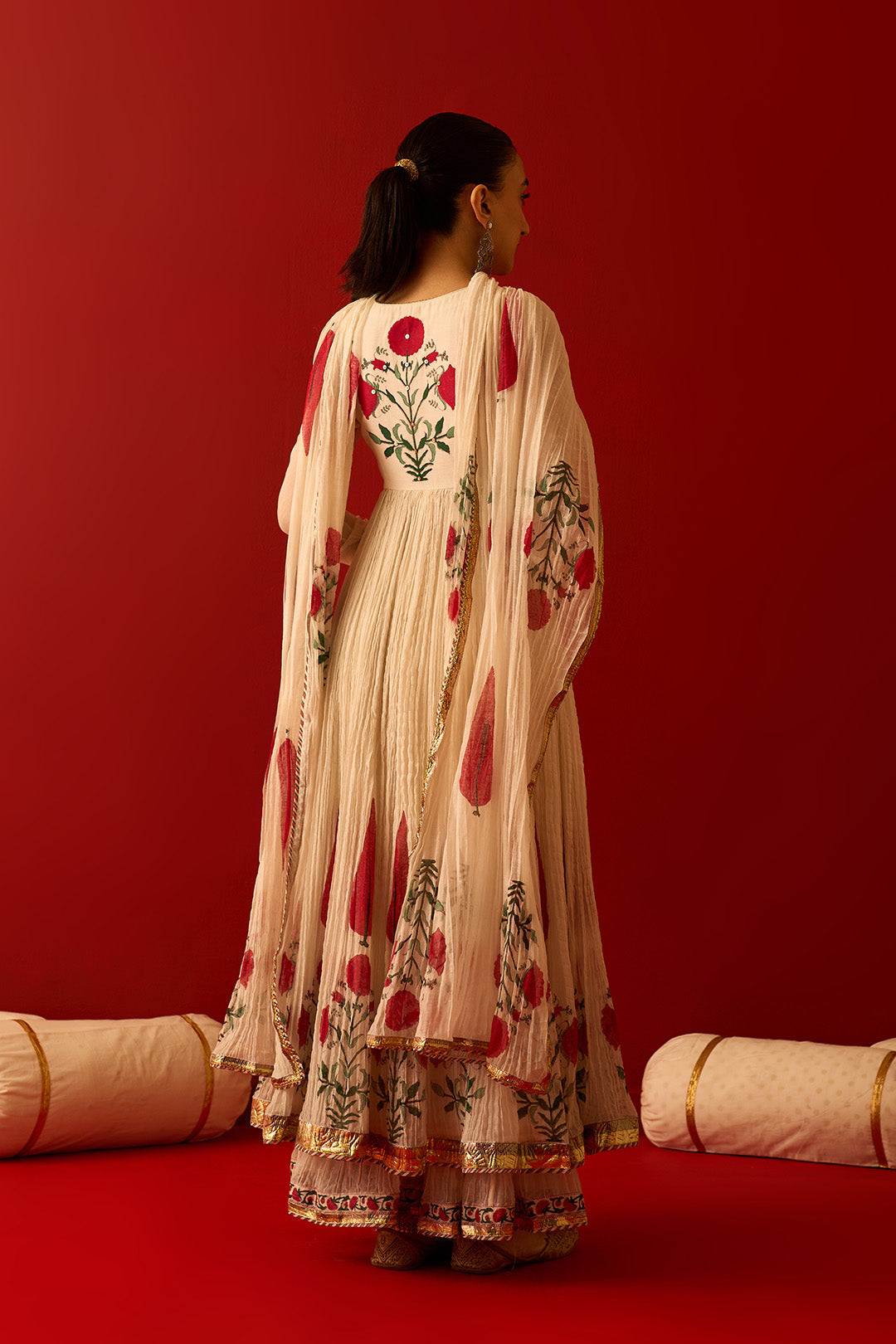 Chaand Raat Off White Hand Block Printed Crush Chanderi Front Open Anarkali with Sharara and Dupatta (Set of 3)