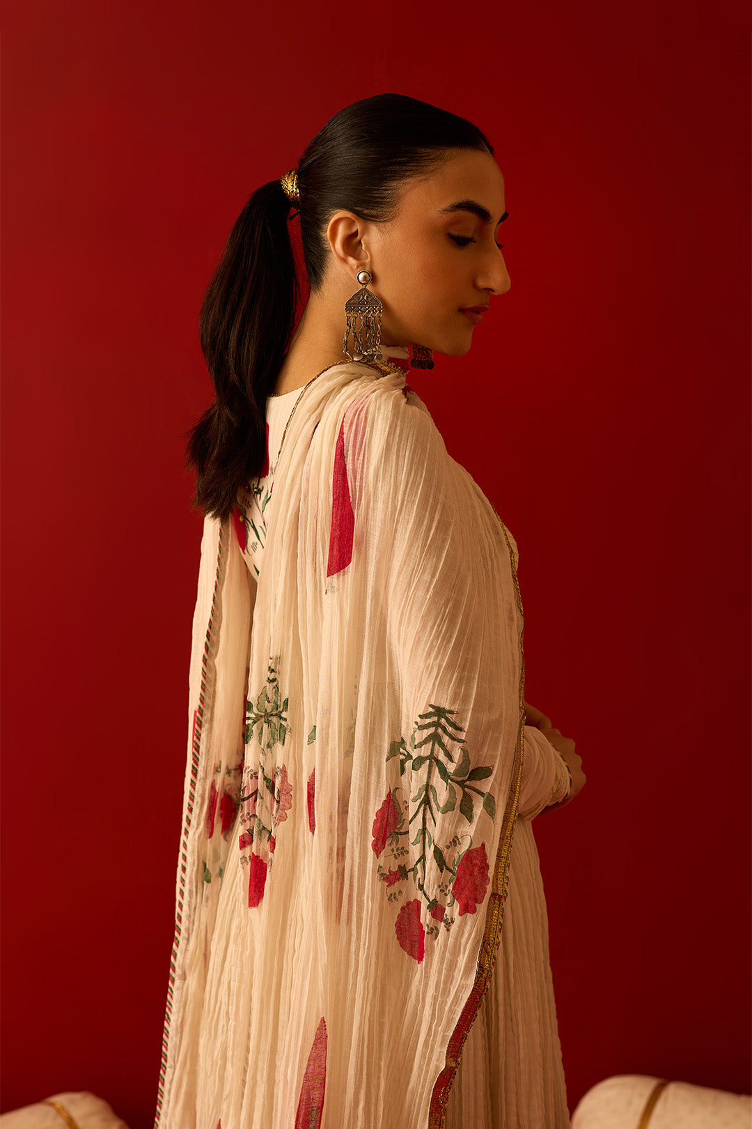 Chaand Raat Off White Hand Block Printed Crush Chanderi Front Open Anarkali with Sharara and Dupatta (Set of 3)