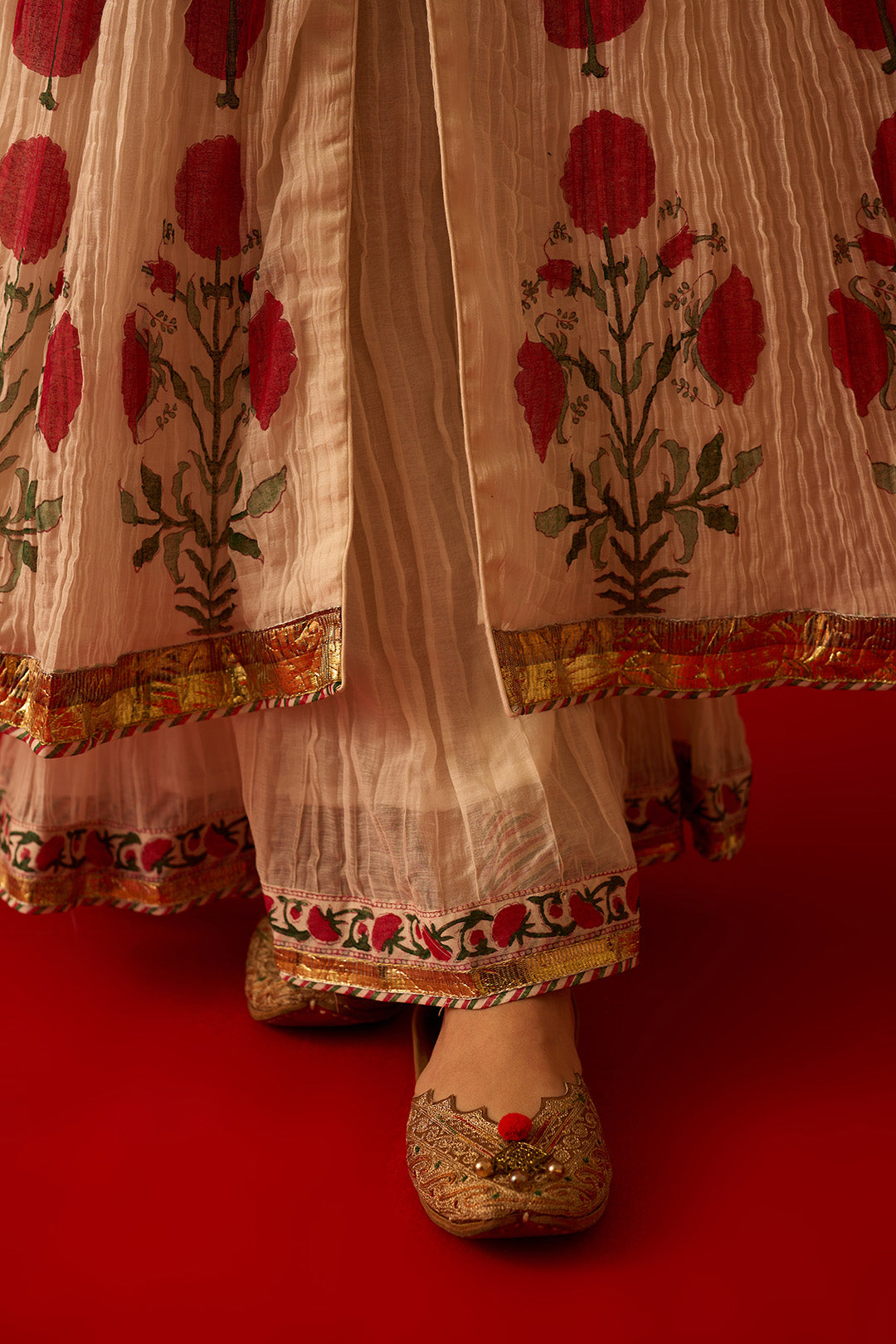 Chaand Raat Off White Hand Block Printed Crush Chanderi Front Open Anarkali with Sharara and Dupatta (Set of 3)