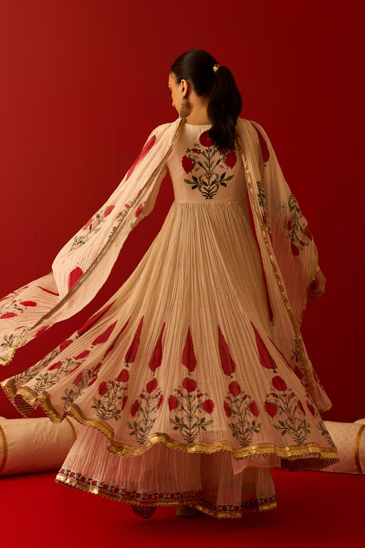 Chaand Raat Off White Hand Block Printed Crush Chanderi Front Open Anarkali with Sharara and Dupatta (Set of 3)