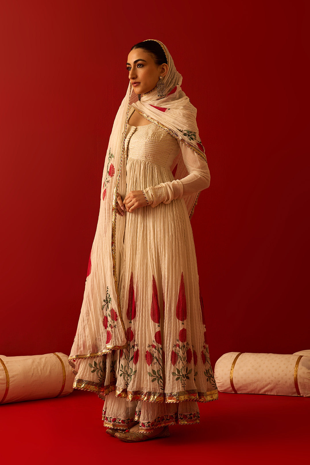 Chaand Raat Off White Hand Block Printed Crush Chanderi Front Open Anarkali with Sharara and Dupatta (Set of 3)