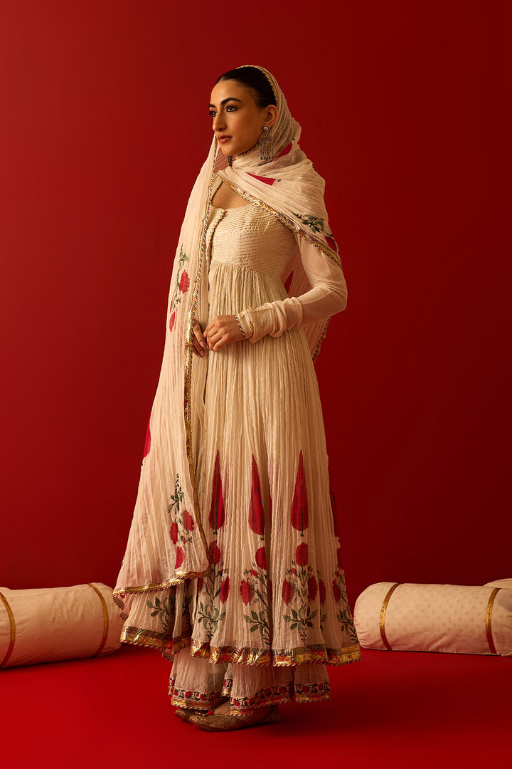 Chaand Raat Off White Hand Block Printed Crush Chanderi Front Open Anarkali with Sharara and Dupatta (Set of 3)