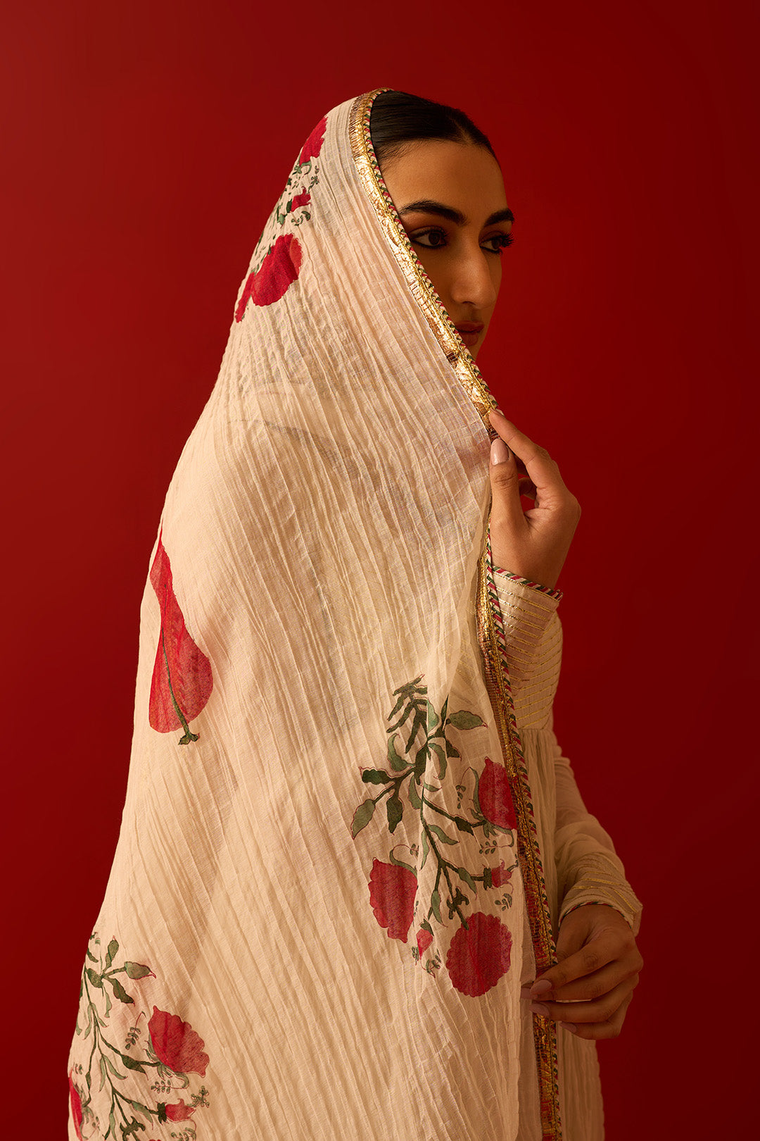 Chaand Raat Off White Hand Block Printed Crush Chanderi Front Open Anarkali with Sharara and Dupatta (Set of 3)