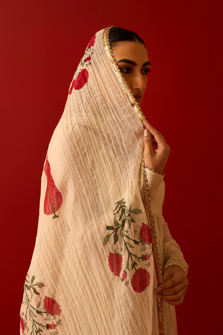 Chaand Raat Off White Hand Block Printed Crush Chanderi Front Open Anarkali with Sharara and Dupatta (Set of 3)