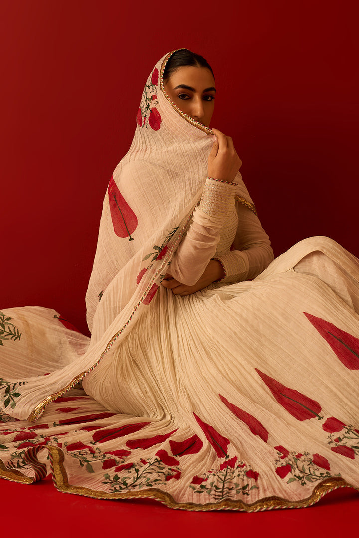 Chaand Raat Off White Hand Block Printed Crush Chanderi Front Open Anarkali with Sharara and Dupatta (Set of 3)