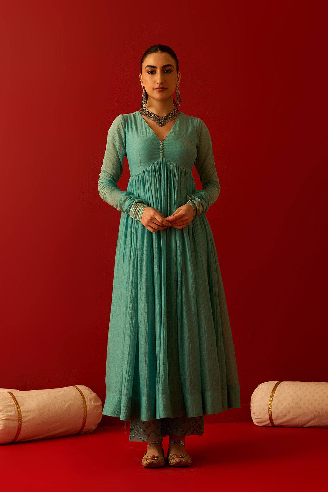 Chaand Raat Turquoise Solid V-Neck Anarkali with Embroidered Palazzo and Mughal Block Print Dupatta (Set of 3)