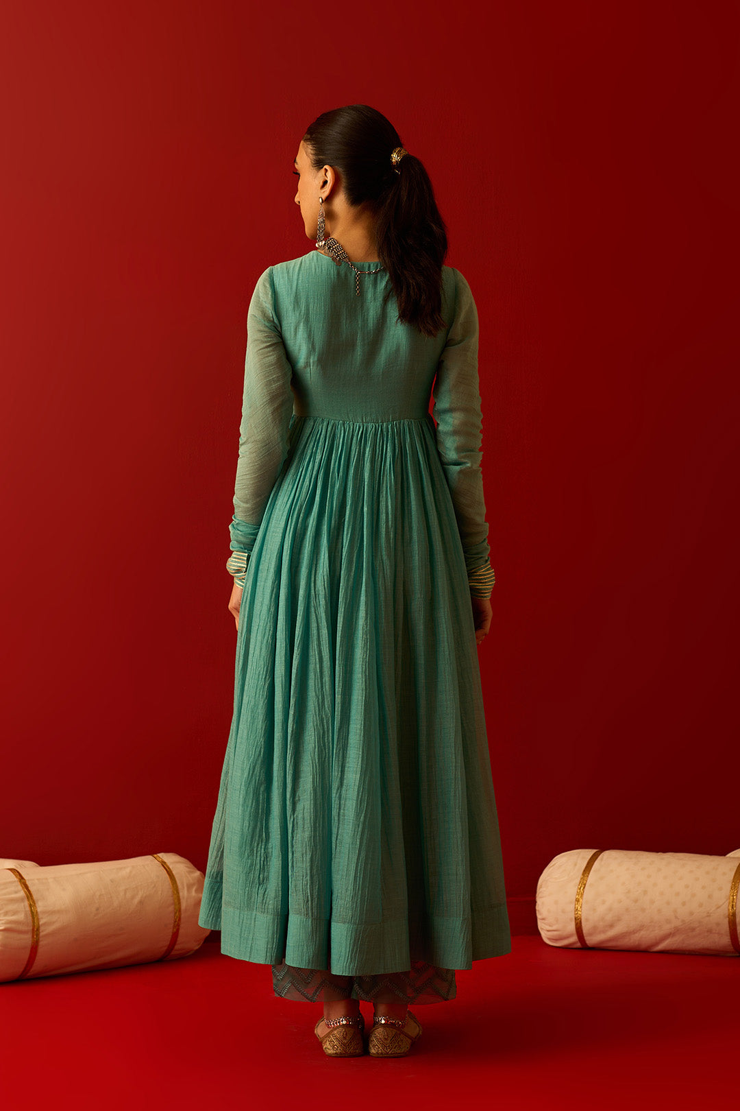 Chaand Raat Turquoise Solid V-Neck Anarkali with Embroidered Palazzo and Mughal Block Print Dupatta (Set of 3)