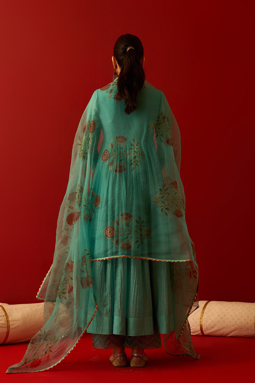 Chaand Raat Turquoise Solid V-Neck Anarkali with Embroidered Palazzo and Mughal Block Print Dupatta (Set of 3)