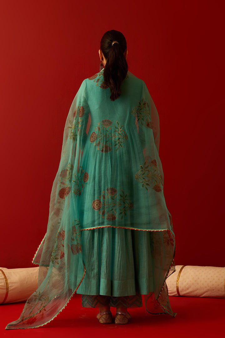 Chaand Raat Turquoise Solid V-Neck Anarkali with Embroidered Palazzo and Mughal Block Print Dupatta (Set of 3)