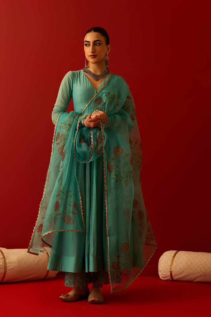 Chaand Raat Turquoise Solid V-Neck Anarkali with Embroidered Palazzo and Mughal Block Print Dupatta (Set of 3)