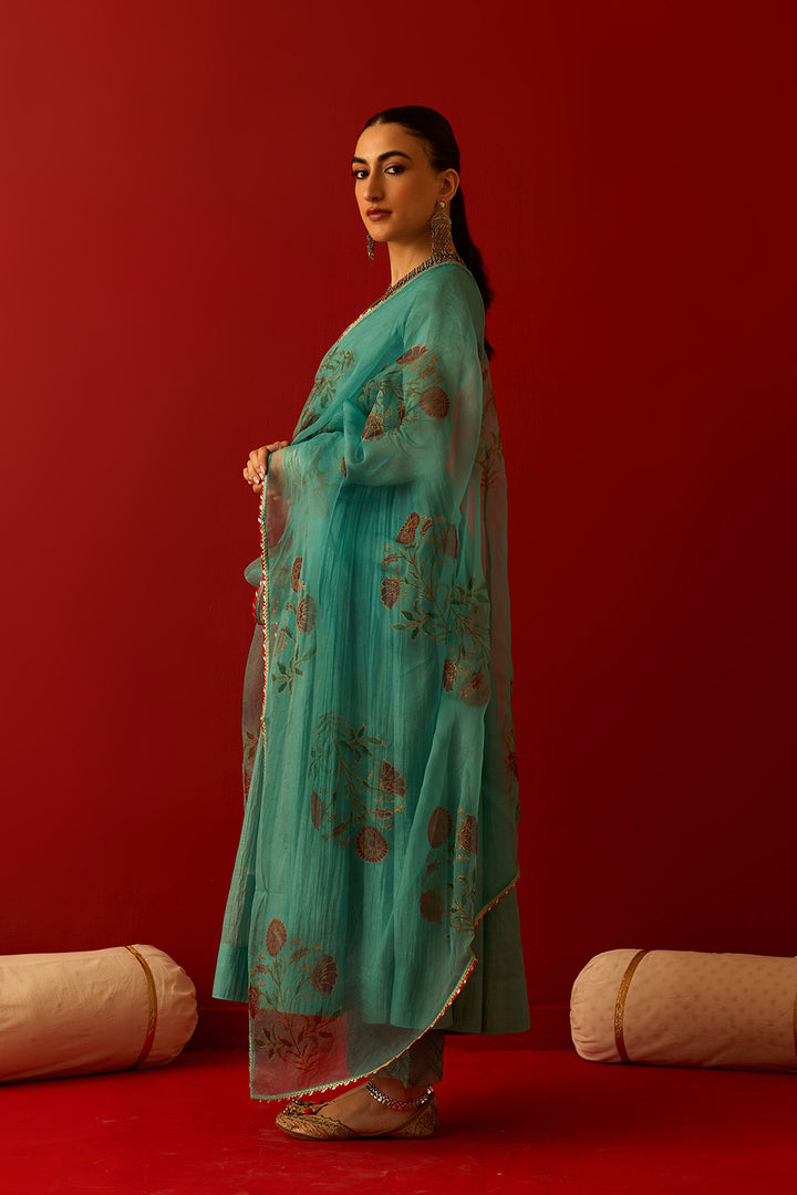 Chaand Raat Turquoise Solid V-Neck Anarkali with Embroidered Palazzo and Mughal Block Print Dupatta (Set of 3)