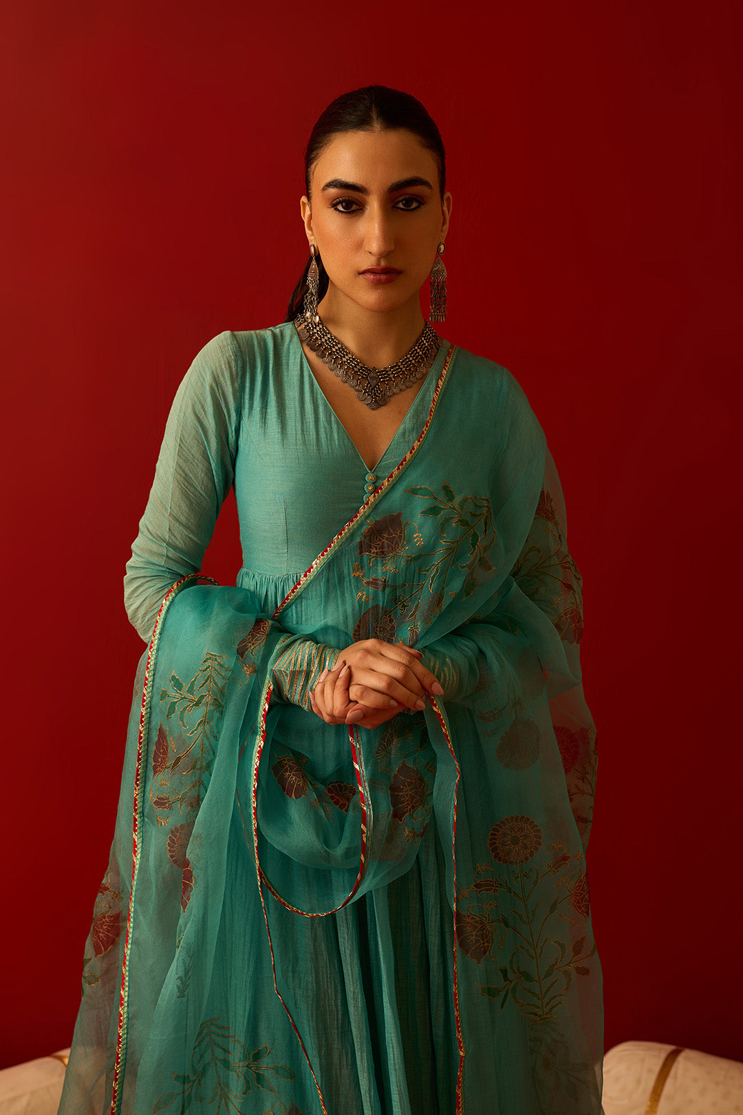 Chaand Raat Turquoise Solid V-Neck Anarkali with Embroidered Palazzo and Mughal Block Print Dupatta (Set of 3)