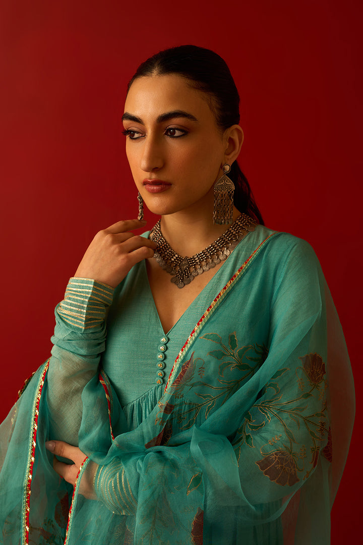 Chaand Raat Turquoise Solid V-Neck Anarkali with Embroidered Palazzo and Mughal Block Print Dupatta (Set of 3)