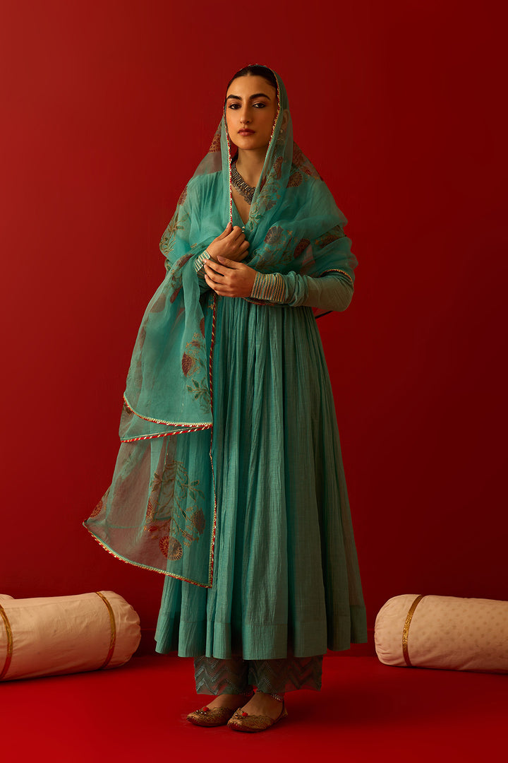 Chaand Raat Turquoise Solid V-Neck Anarkali with Embroidered Palazzo and Mughal Block Print Dupatta (Set of 3)