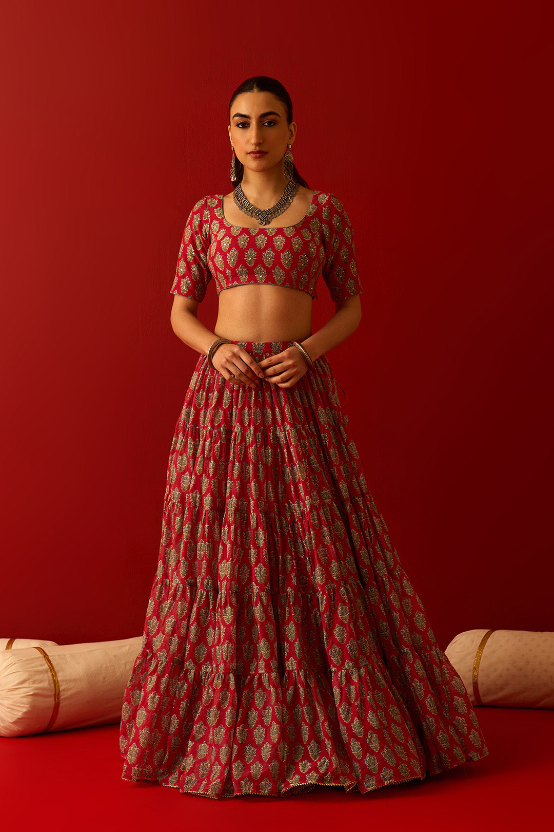 Chaand Raat Red Block Printed Tiered Lehenga with Blouse and Dupatta (Set of 3)