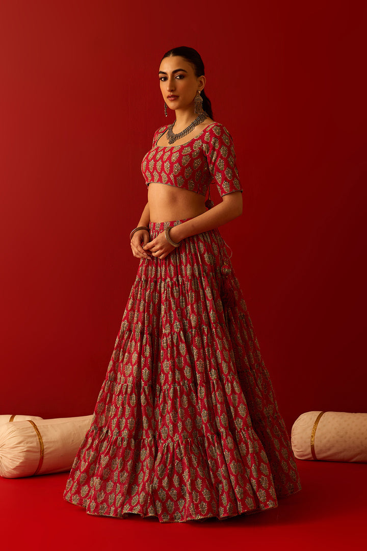 Chaand Raat Red Block Printed Tiered Lehenga with Blouse and Dupatta (Set of 3)