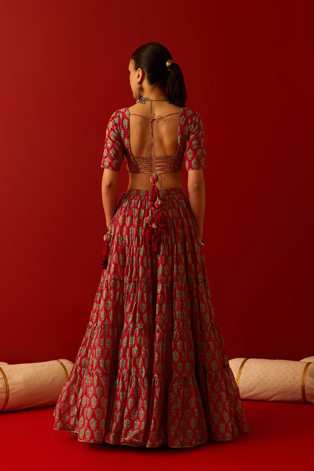 Chaand Raat Red Block Printed Tiered Lehenga with Blouse and Dupatta (Set of 3)