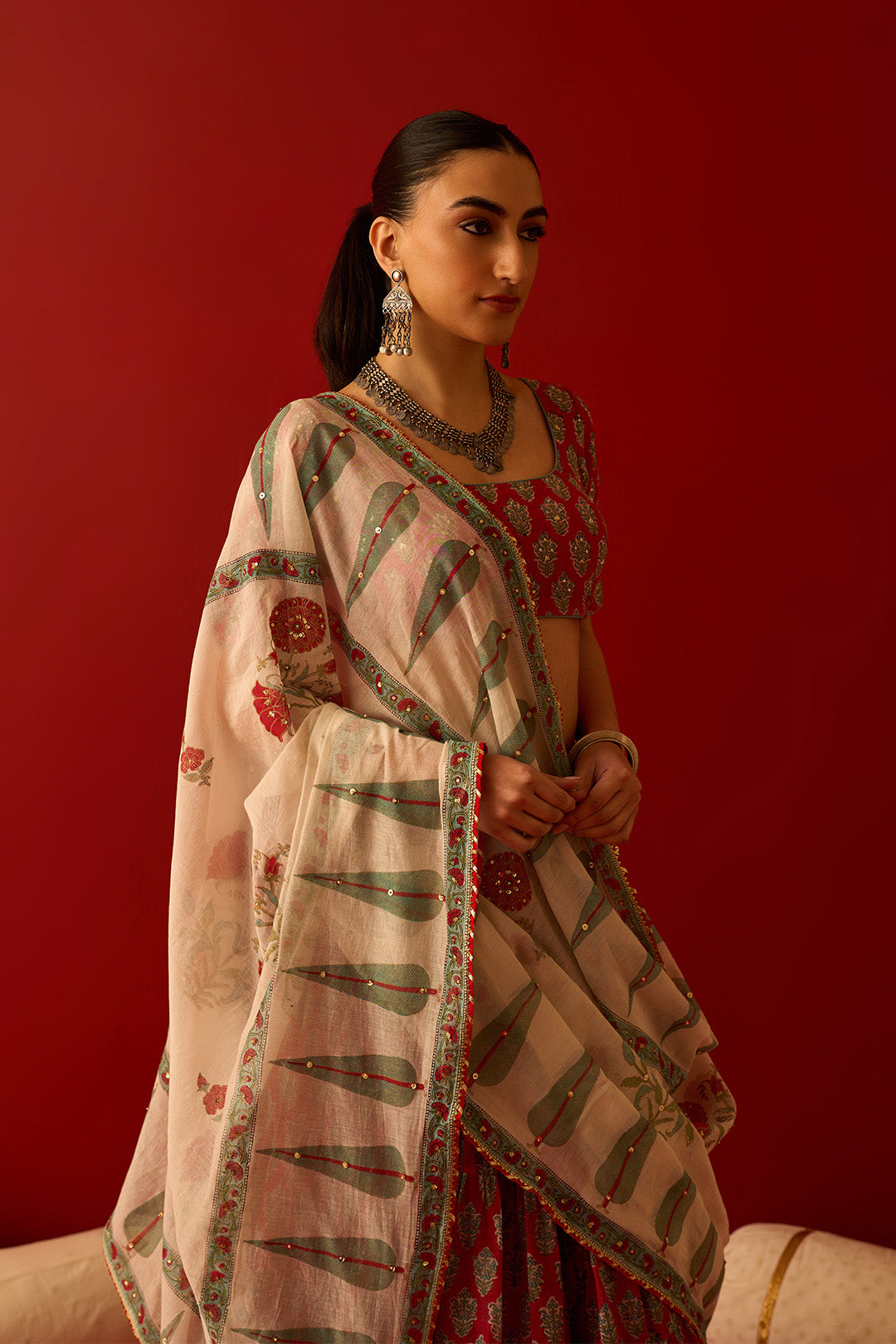 Chaand Raat Red Block Printed Tiered Lehenga with Blouse and Dupatta (Set of 3)