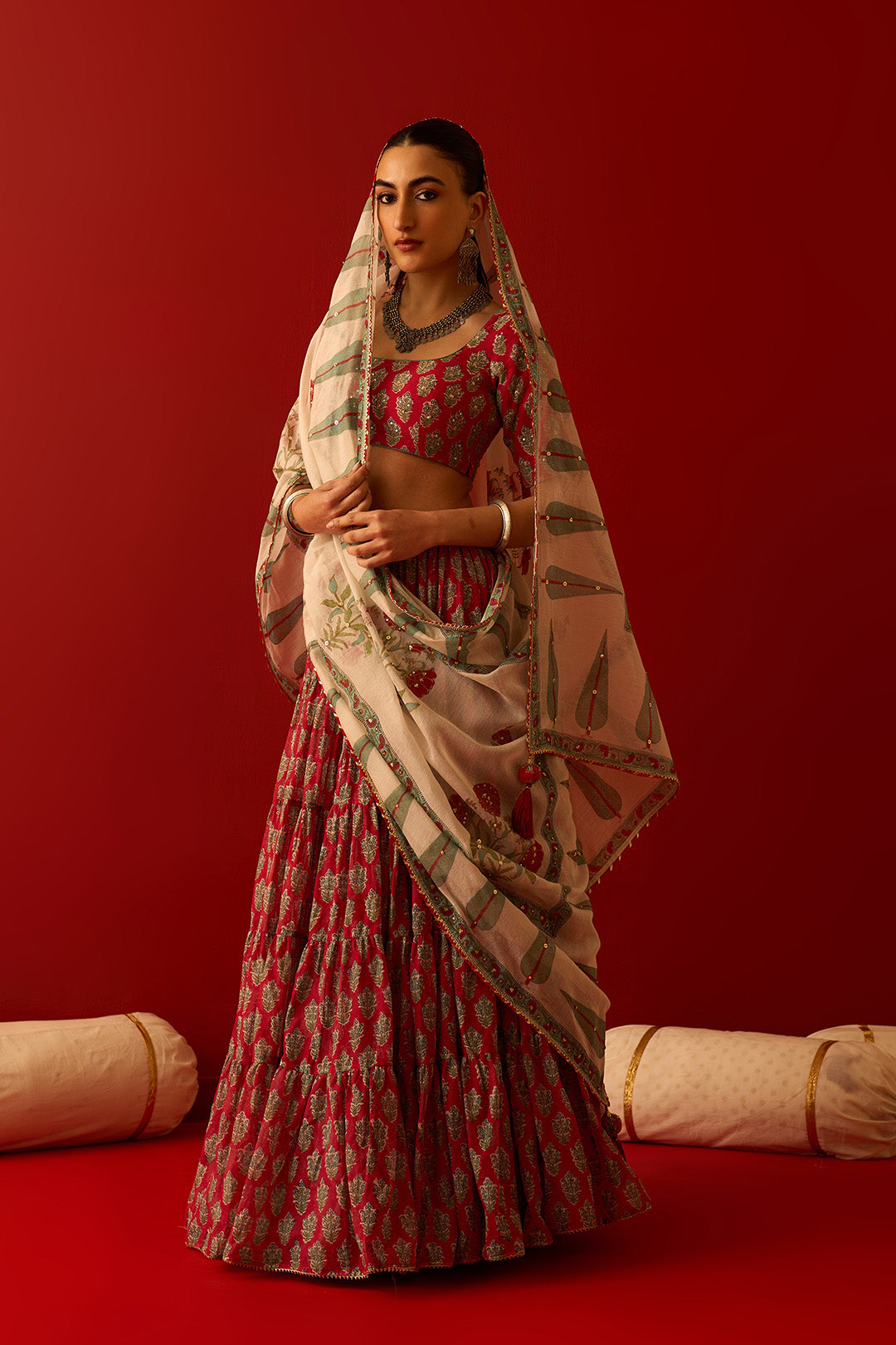 Chaand Raat Red Block Printed Tiered Lehenga with Blouse and Dupatta (Set of 3)