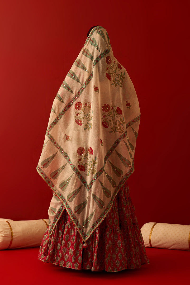 Chaand Raat Red Block Printed Tiered Lehenga with Blouse and Dupatta (Set of 3)