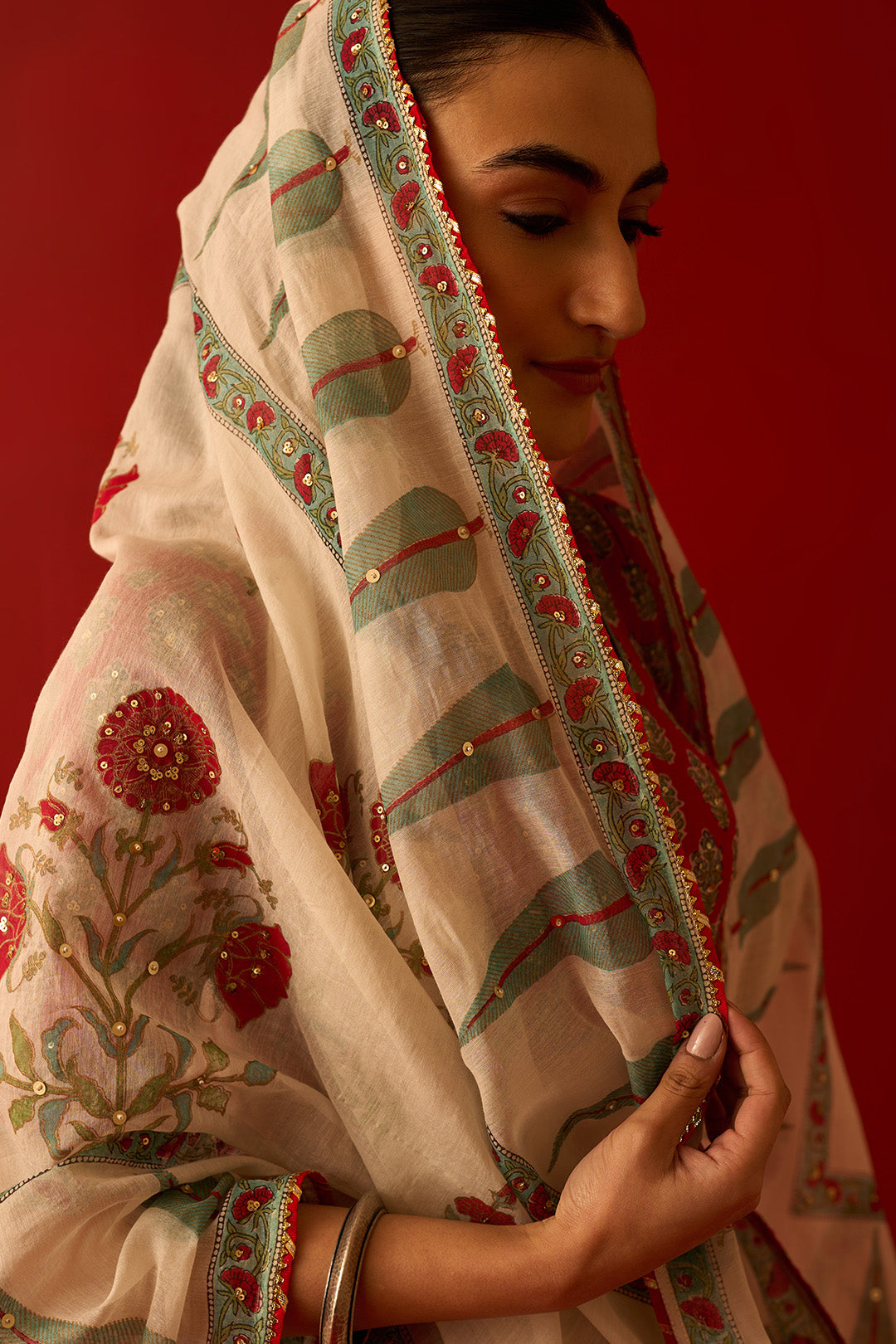 Chaand Raat Red Block Printed Tiered Lehenga with Blouse and Dupatta (Set of 3)