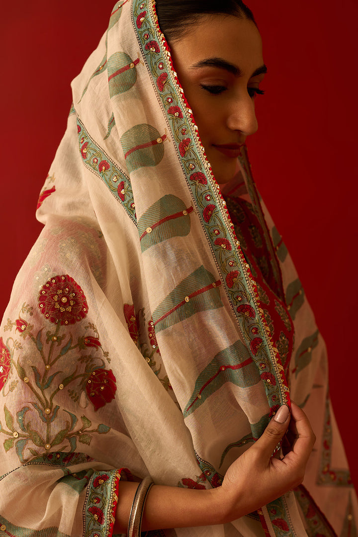 Chaand Raat Red Block Printed Tiered Lehenga with Blouse and Dupatta (Set of 3)