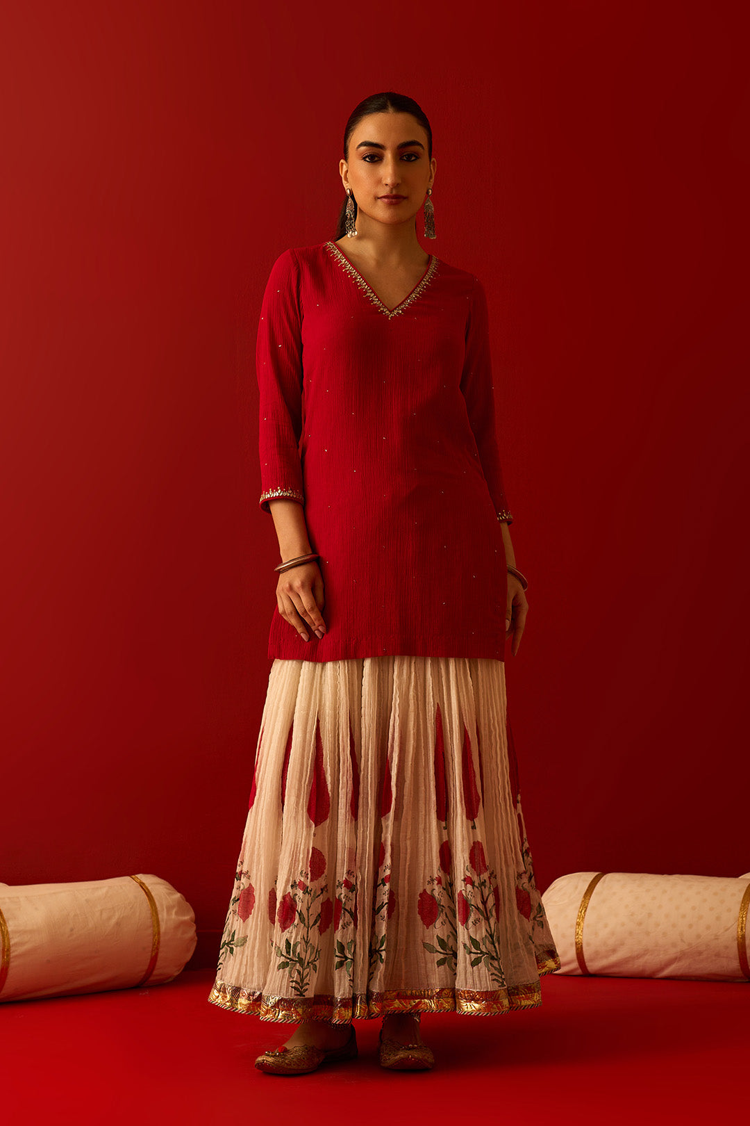 Chaand Raat Red Embroidered Solid Kurta with Mughal Block Printed Skirt with Dupatta (Set of 3)