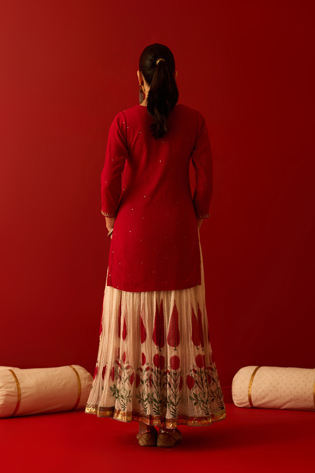 Chaand Raat Red Embroidered Solid Kurta with Mughal Block Printed Skirt with Dupatta (Set of 3)