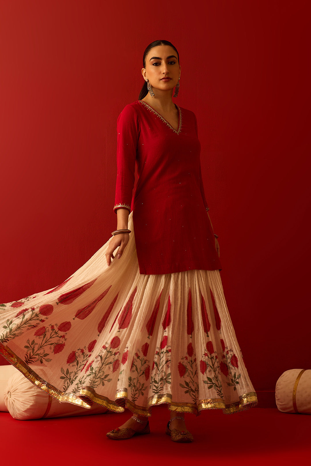 Chaand Raat Red Embroidered Solid Kurta with Mughal Block Printed Skirt with Dupatta (Set of 3)