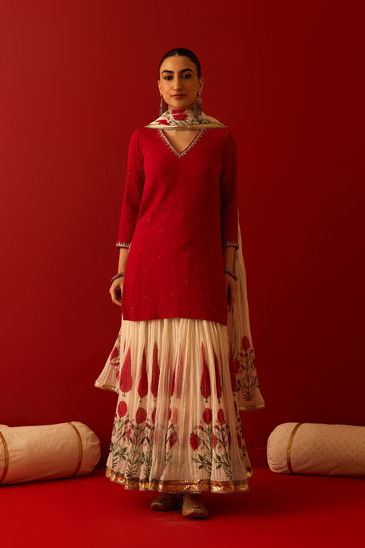 Chaand Raat Red Embroidered Solid Kurta with Mughal Block Printed Skirt with Dupatta (Set of 3)