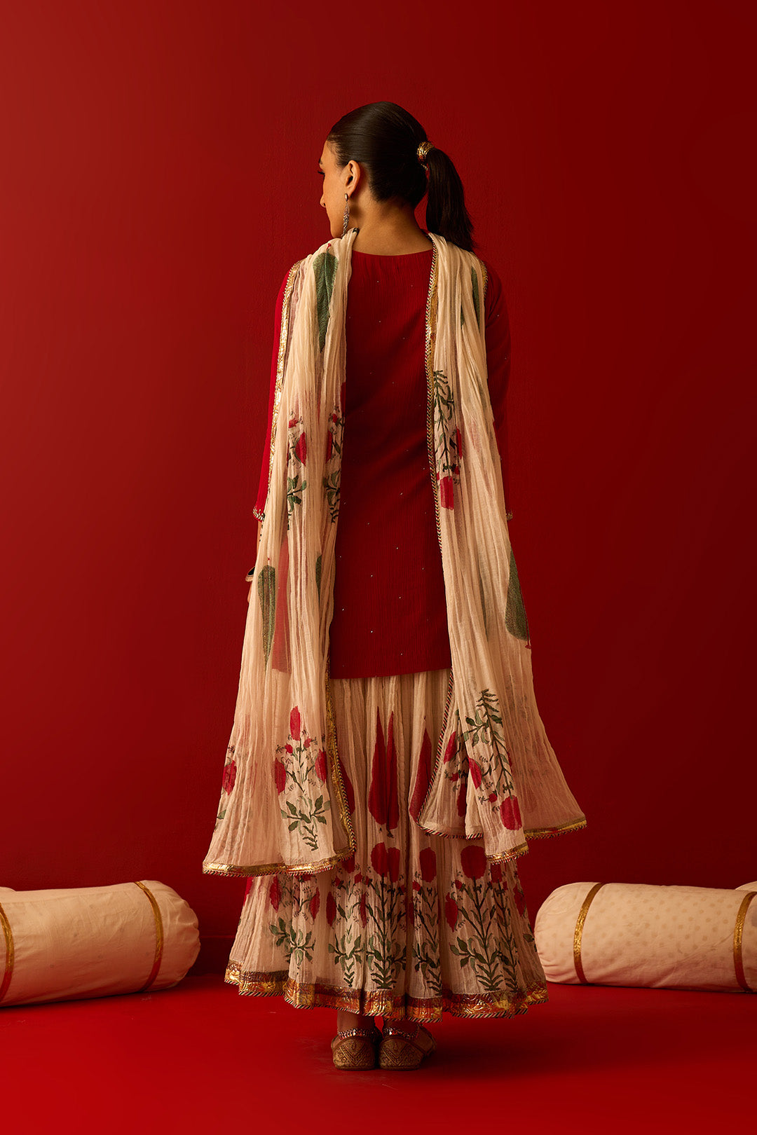 Chaand Raat Red Embroidered Solid Kurta with Mughal Block Printed Skirt with Dupatta (Set of 3)