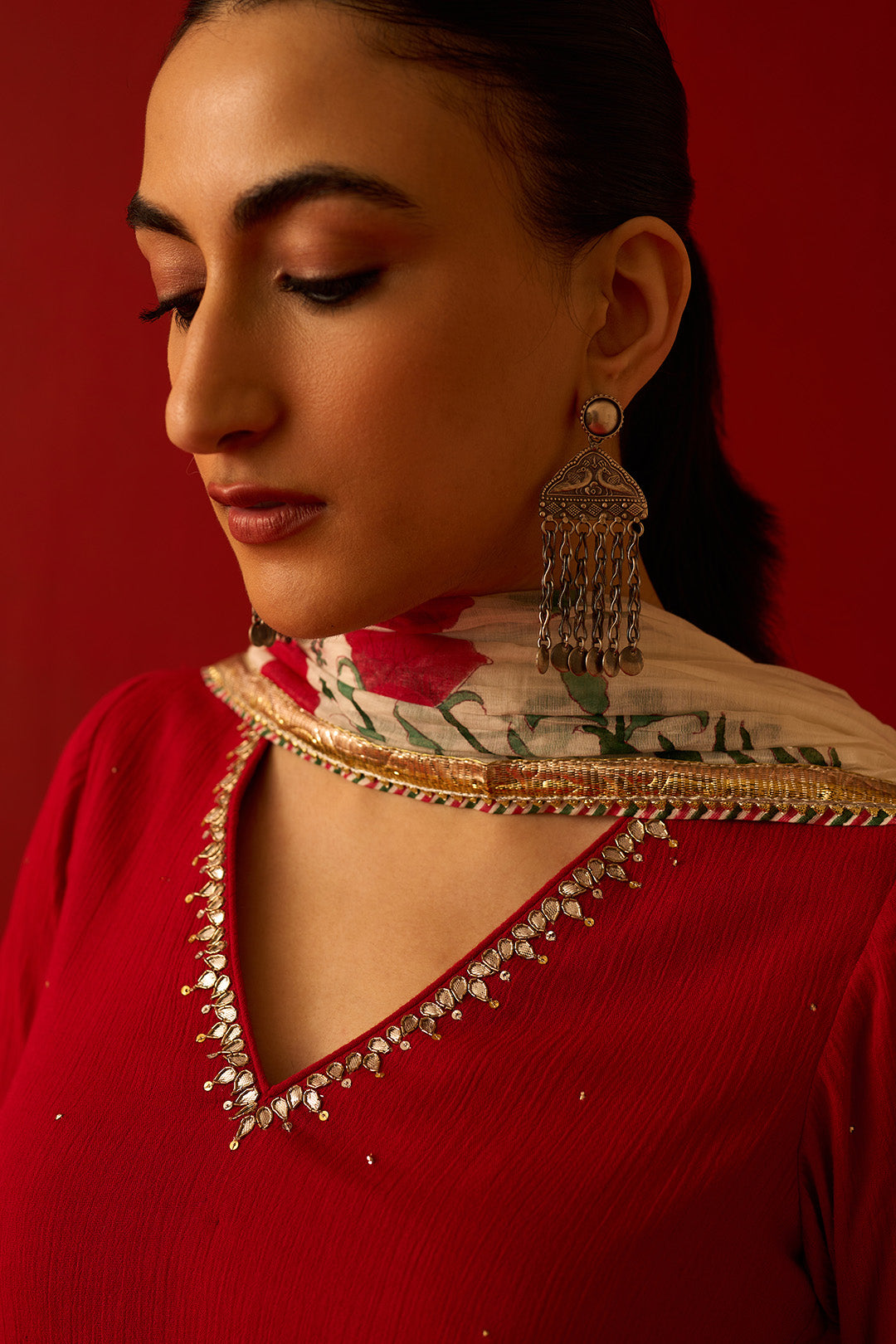 Chaand Raat Red Embroidered Solid Kurta with Mughal Block Printed Skirt with Dupatta (Set of 3)