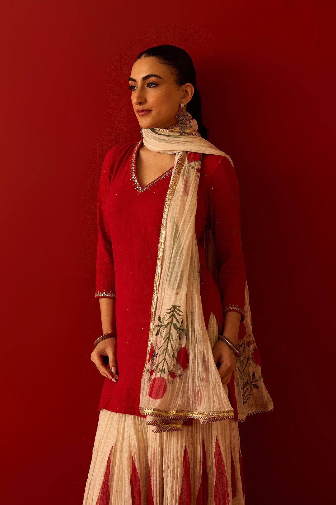 Chaand Raat Red Embroidered Solid Kurta with Mughal Block Printed Skirt with Dupatta (Set of 3)
