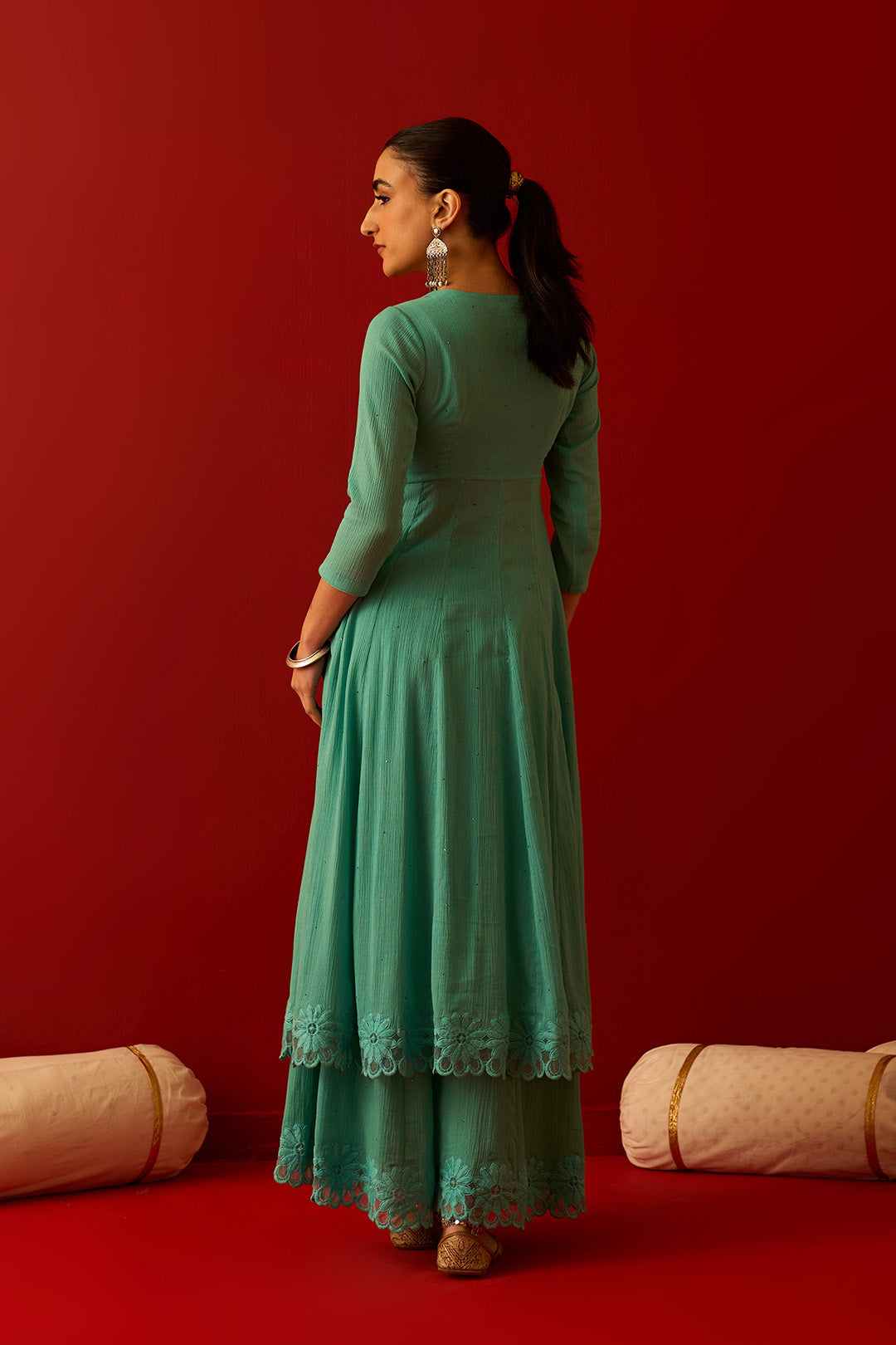 Chaand Raat Turquoise Solid mukaish kurta with sharara and mughal block print dupatta (set of 3)