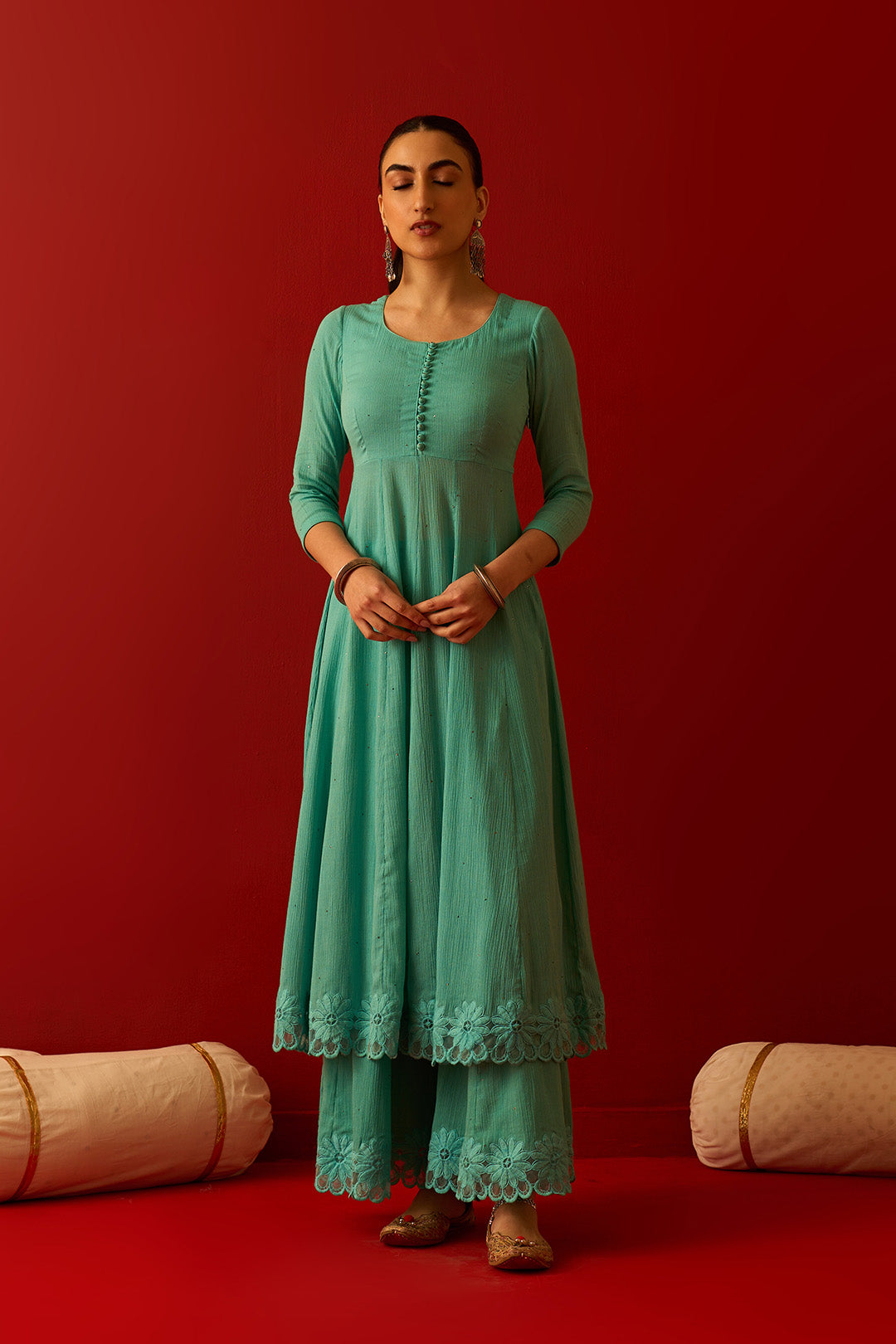 Chaand Raat Turquoise Solid mukaish kurta with sharara and mughal block print dupatta (set of 3)