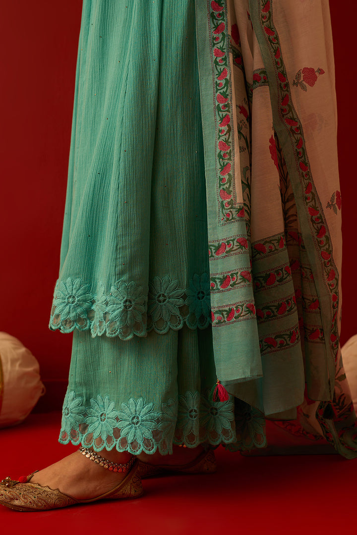 Chaand Raat Turquoise Solid mukaish kurta with sharara and mughal block print dupatta (set of 3)