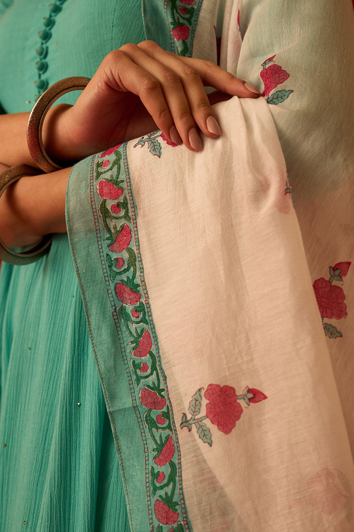 Chaand Raat Turquoise Solid mukaish kurta with sharara and mughal block print dupatta (set of 3)