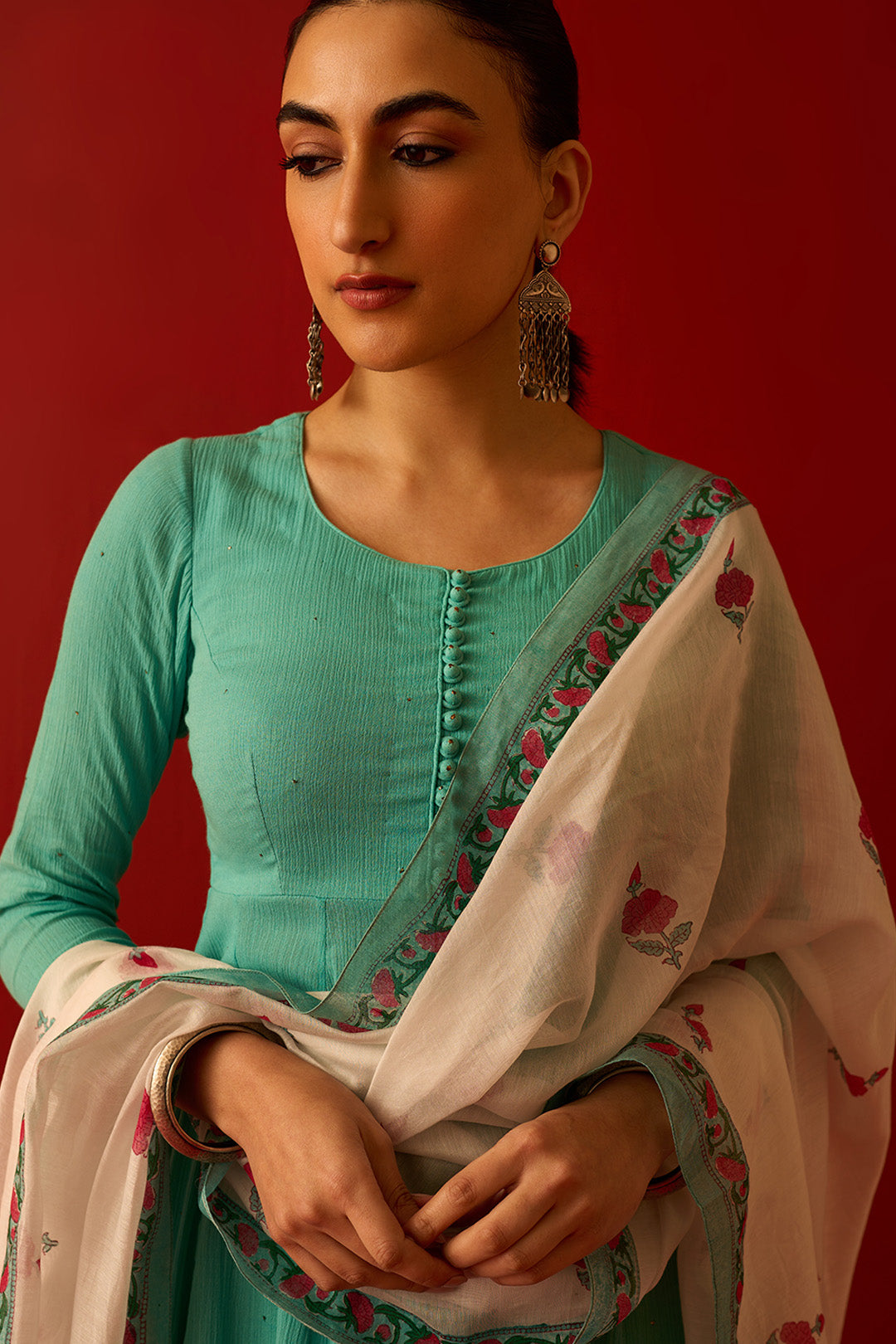 Chaand Raat Turquoise Solid mukaish kurta with sharara and mughal block print dupatta (set of 3)