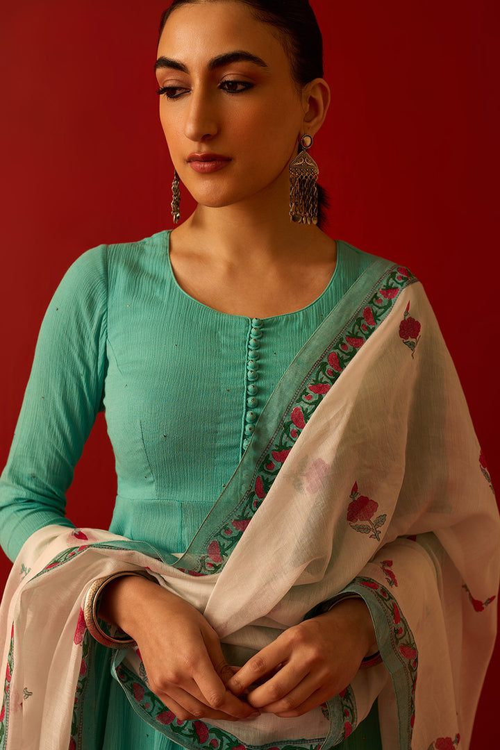 Chaand Raat Turquoise Solid mukaish kurta with sharara and mughal block print dupatta (set of 3)